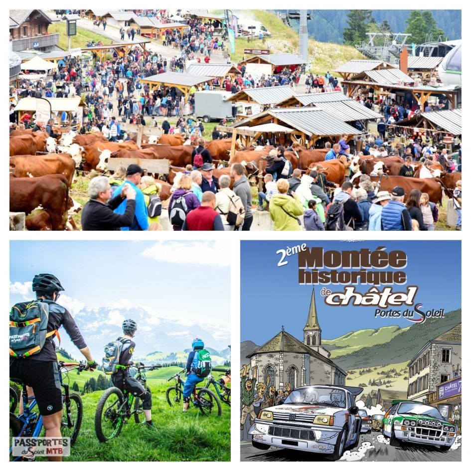 Top: 42nd Belle Dimanche La Fete Des Alpages (Credit: http://events.chatel.com/42th-belle-dimanche-la-fete-des-alpages-en-1.html ), Bottom Right: 2nd Historic Ascent of Chatel (Credit: http://events.chatel.com/2nd-historic-ascent-of-chatel-en.html), Bottom Left: Pass'Portes du Soleil (Credit: http://events.chatel.com/pass-portes-du-soleil-en.html)