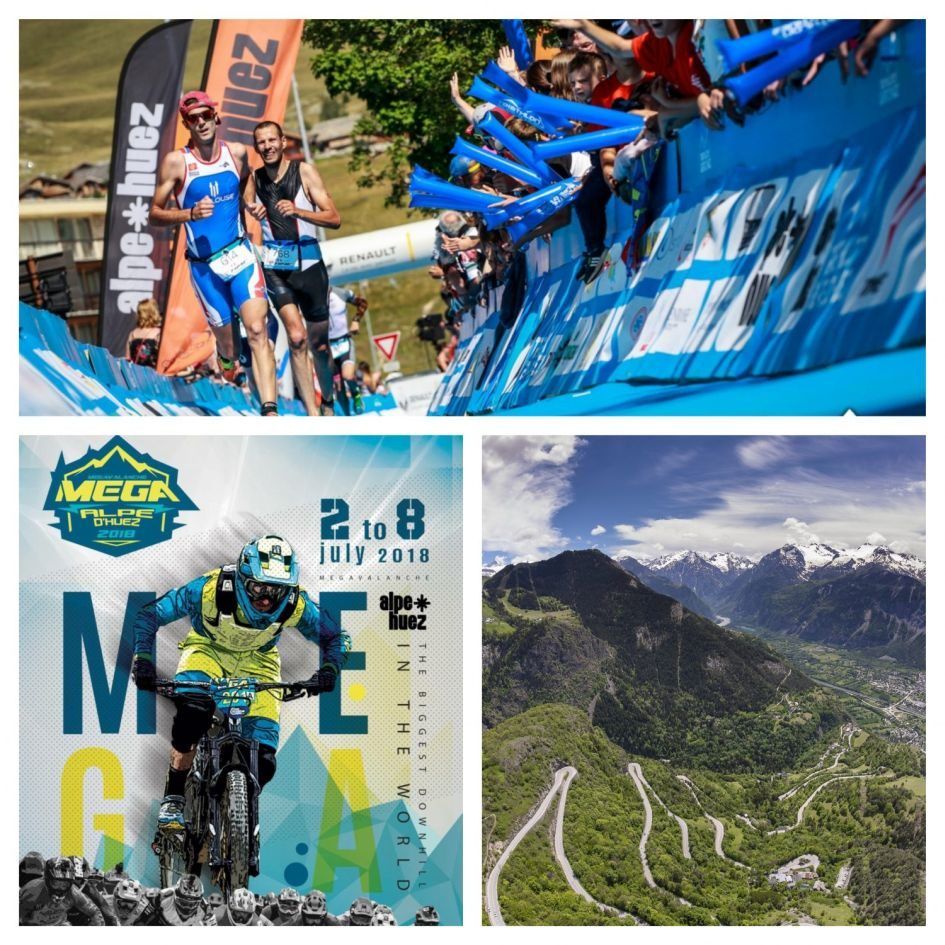 Top: Triathlon Time (credit: http://alpetriathlon.com/fr/inscriptions.html), Left: Megavalance (credit http://www.ucc-sportevent.com/en/megavalanche-alpe-dhuez-en/), Right: The road up to ADH (credit Alpe d'Huez Salino)