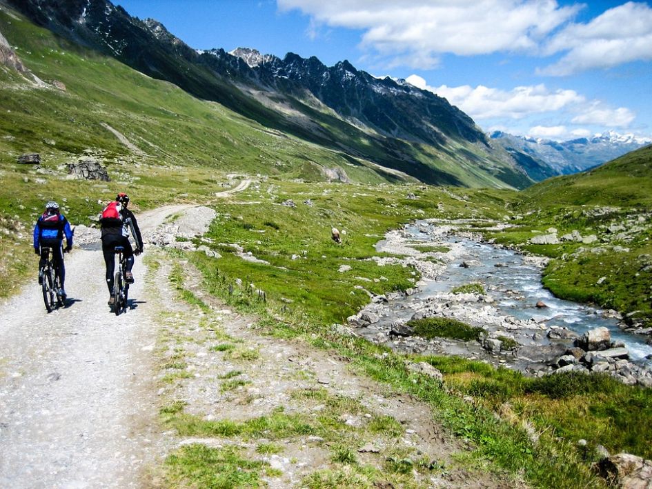 Mountain Biking, Summer, River, Alps