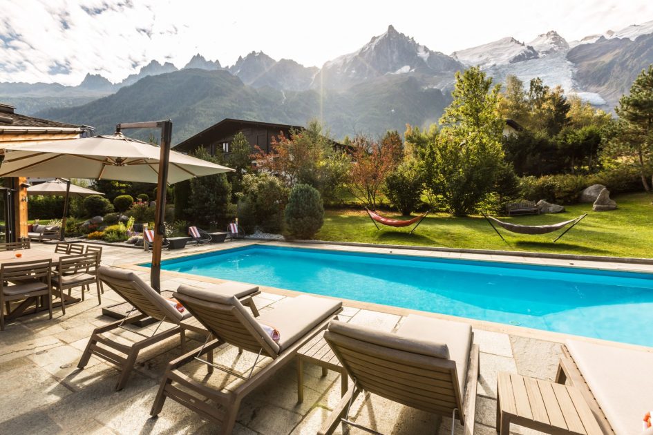 summer chalet chamonix, chalet swimming pool, mont blanc views, luxury summer chalet chamonix