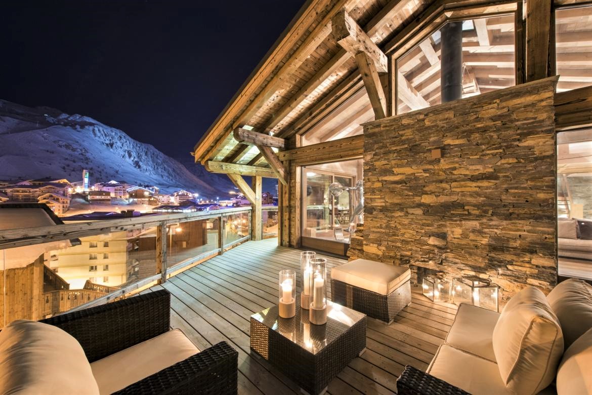 Chalet Opale, Tignes, French Alps summer holidays, terrace, mountains at night