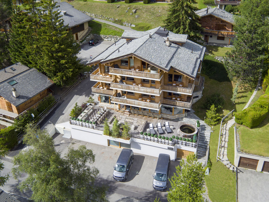 Aerial view of Chalet No 14, luxury summer chalet in Verbier. 