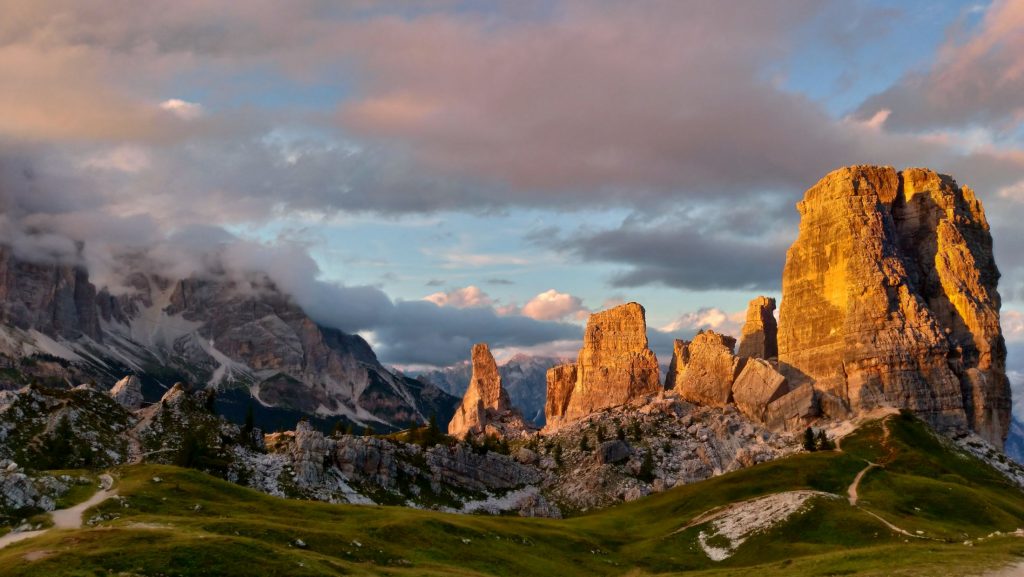 Sun glowing on the peaks of Cortina in summer