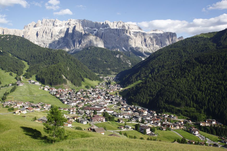Selva Val Gardena in summer, with the Sella Ronda mountain in the background