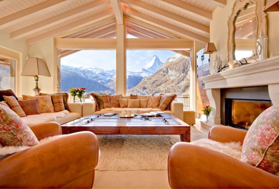 Matterhorn views from the living room of Chalet Grace in Zermatt, a great choice for a summer Alps holiday with a view.