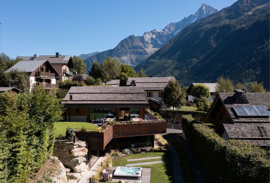 Chalet Sundara, Chamonix. Gardens of Chalet Sundara with Aiguille du Dru in the background, great views across Chamonix.
