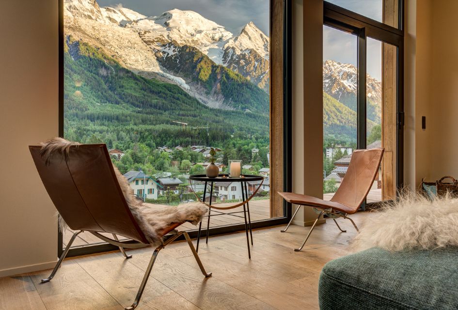 Chalet Rytola, Chamonix. Luxury views of Chamonix, in summer, from the living room of Chalet Rytola.
