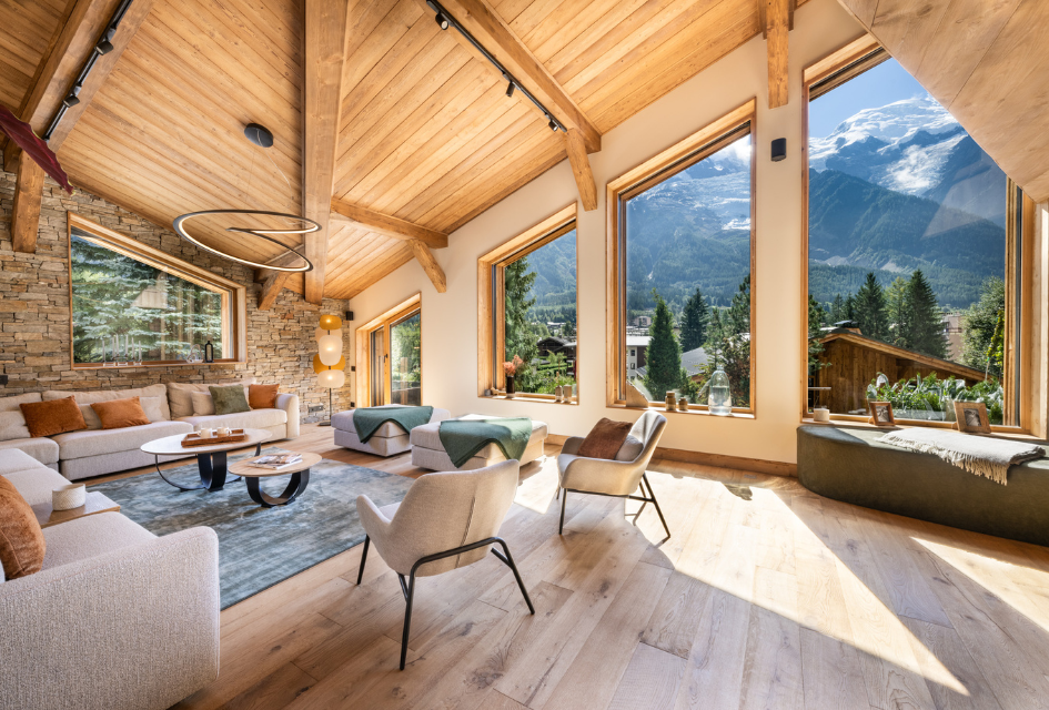Granite Mountain Estate, Chamonix. Luxury living area of Granite Mountain Estate with views of the Chamonix valley in summer.