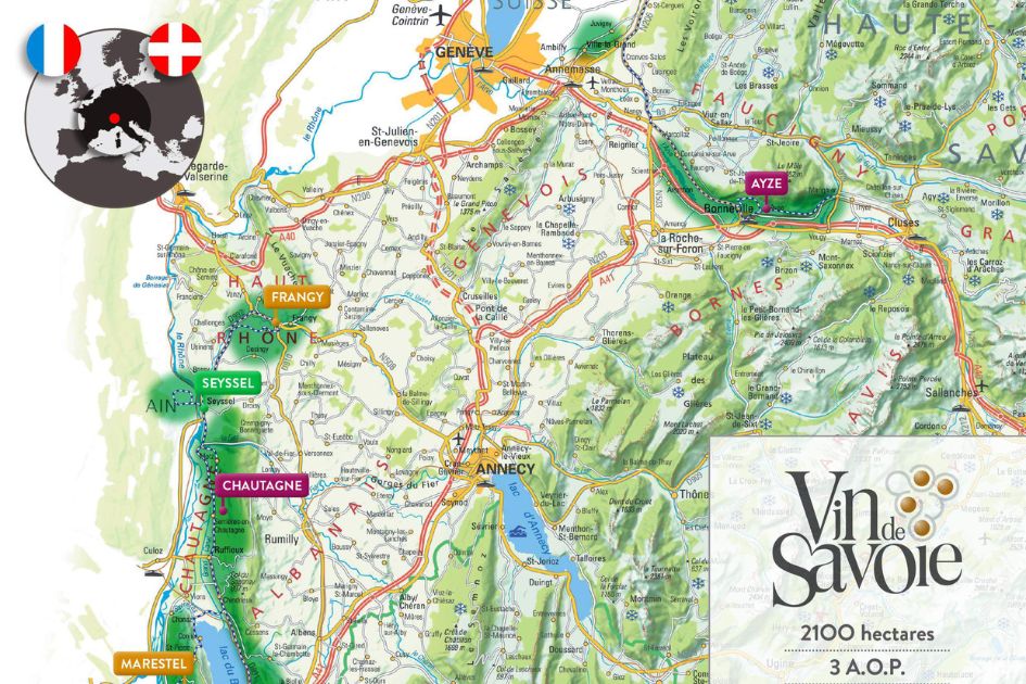 Savoie Wine Region. Credit: Vin de Savoie Tourism Map of 'Vin de Savoie' showcasing the different appellations and locations of Savoie vineyards.