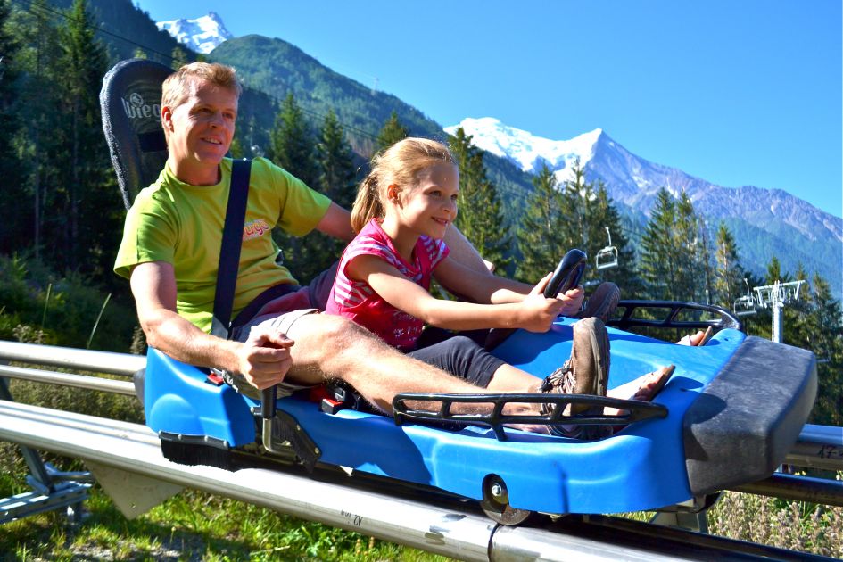 The Luge Alpine Coaster with forest surroundings and mountain views.
