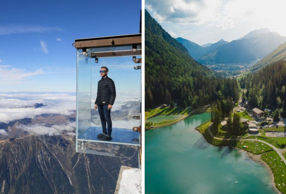 Left: a man stood in the famous glass box at the Aiguille du Midi with the breathtaking mountain views in the background. Right: a bird's eye view of Lake Montriond.