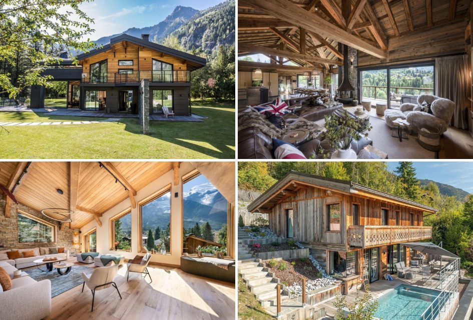 A collage of luxury chalets from Chamonix and Morzine.
