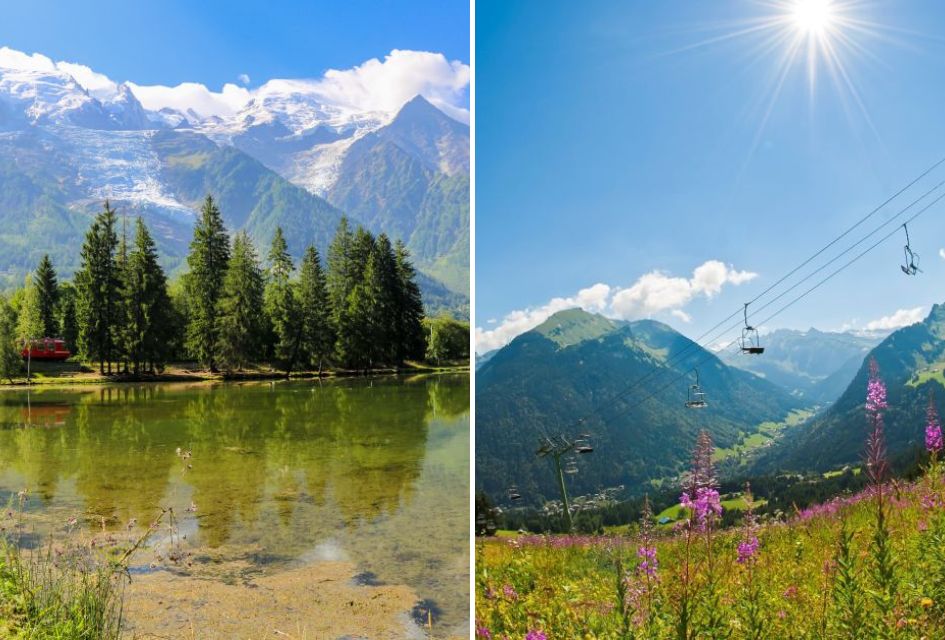 Left: a train running through forest trees by Gaillands lake in Chamonix with mountains in the background. Right: views of the stunning mountains ahead in Morzine.