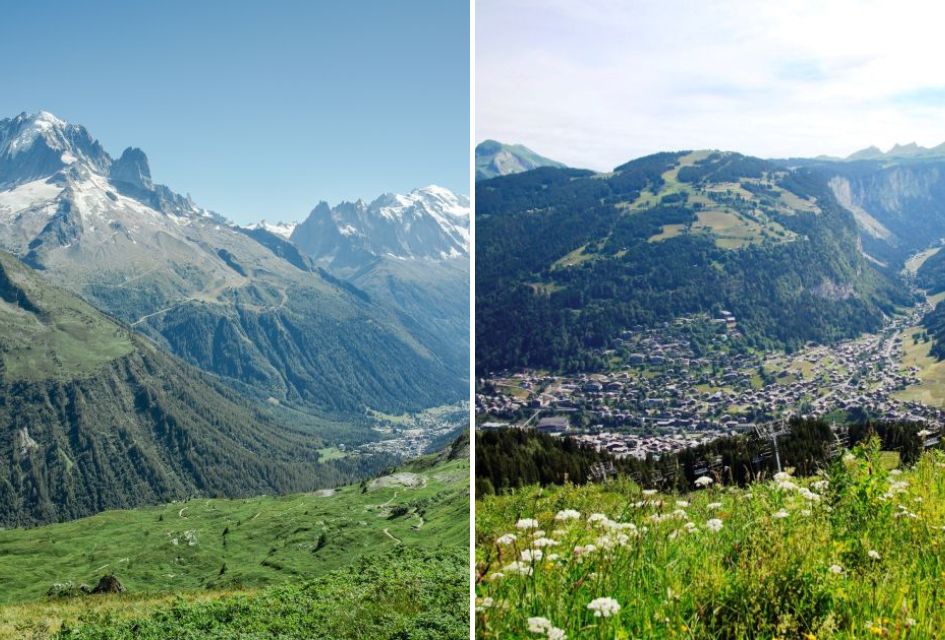Left: Chamonix's mountains in France. Right: Mountains in Morzine overlooking the resort.
