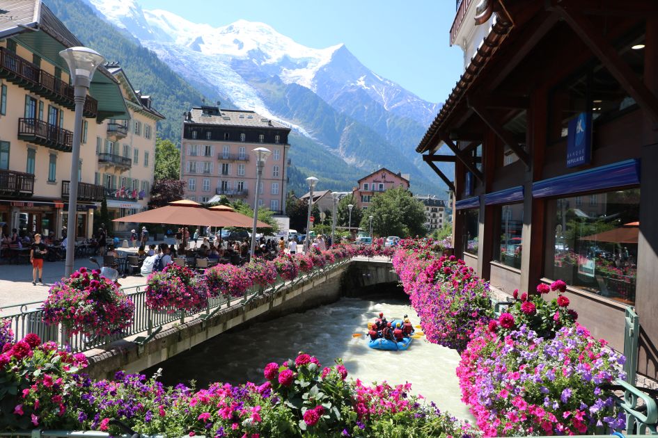 The active resort centre of Chamonix with surrounding mountain views, for a family summer holiday