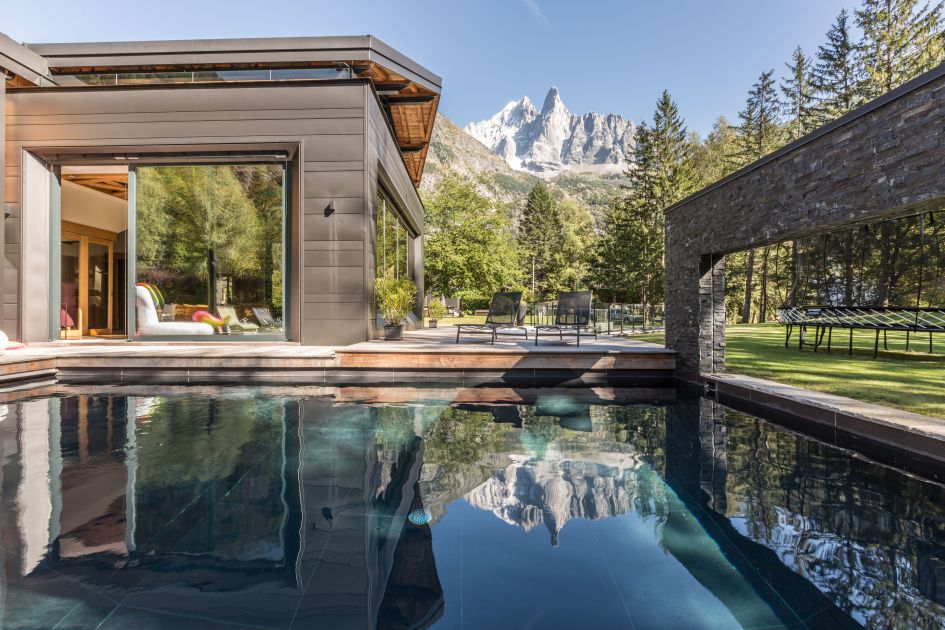 Chalet with a swimming pool and garden area with clear view of the Mont Blanc mountain range, Chamonix