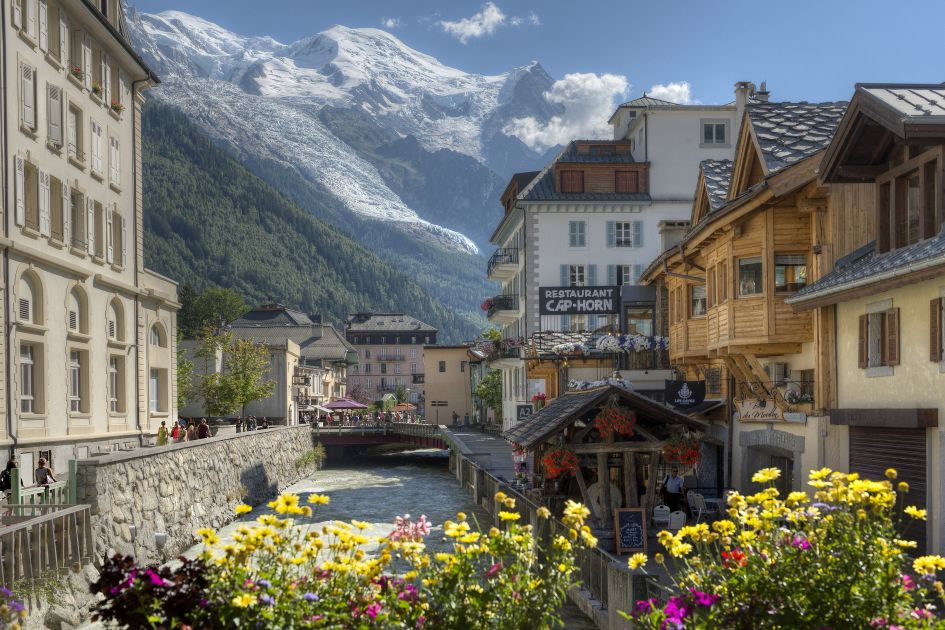 Chamonix's charming resort centre featuring views of Mont Blanc ahead.