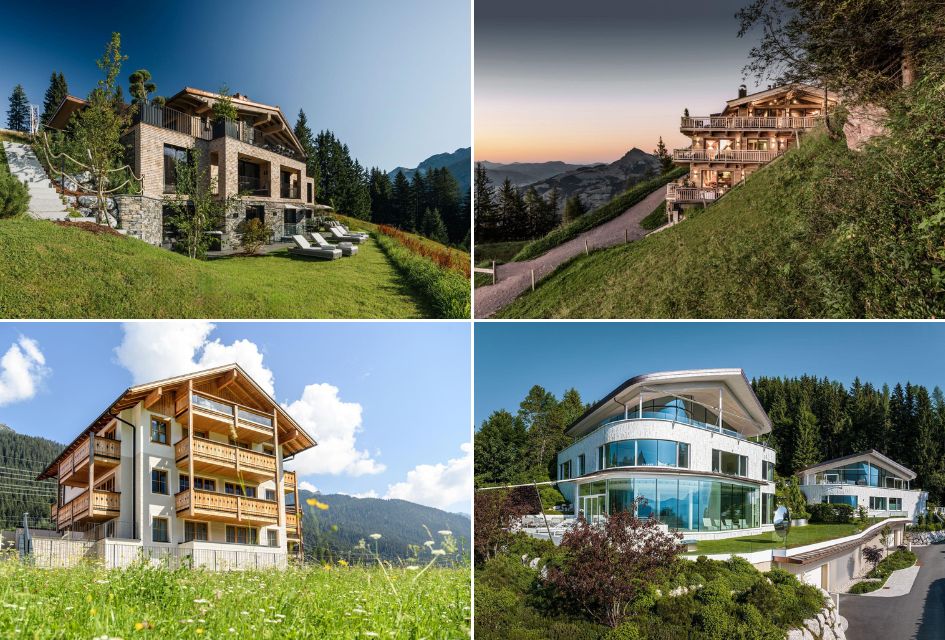 A collage displaying some of our luxury chalets in Austria with stunning forest surroundings and incredible mountain views ahead.